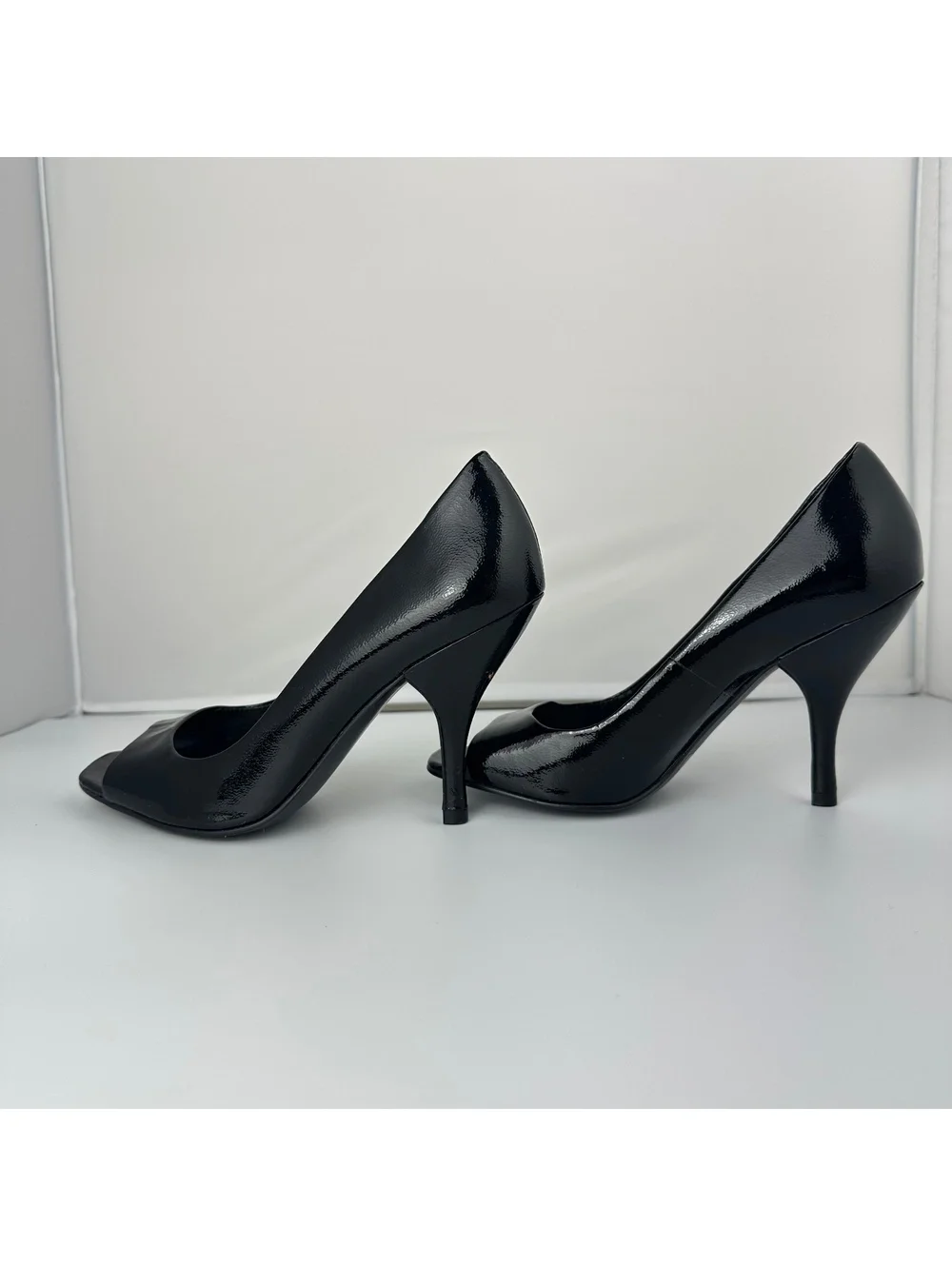 BCBGirls Black Patent Leather Peep Toe Stiletto Pumps – Classic Dress Heels 7